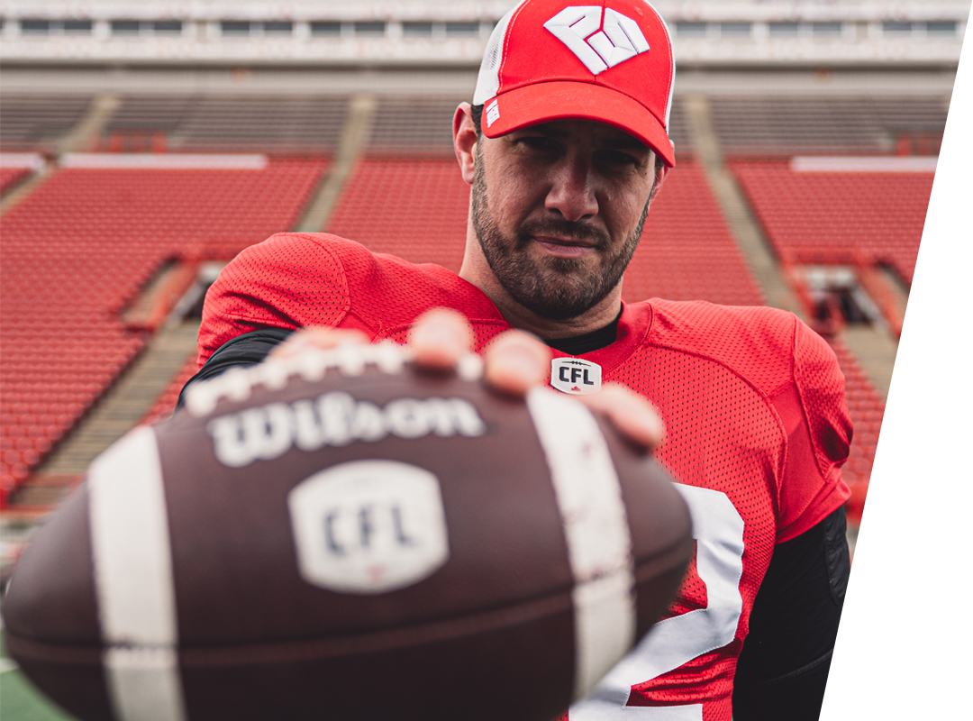 Aaron Crawford CFL Long-Snapper, Calgary Stampeeders, Football with PERFECT Sports hat