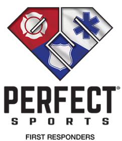 PERFECT Sports logo with first responder badges as background, firefighter on left, paramedic right and police bottom in red, blue and silver