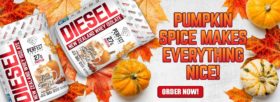 DIESEL Pumpkin Spice Latte Protein Powder by PERFECT Sports with leaves and pumpkins