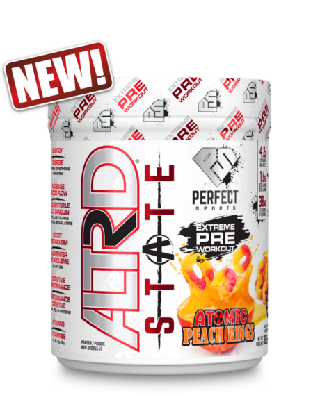 ALTRD State Extreme Pre Workout by PERFECT Sports in Atomic Peach Rings Flavour. The Strongest Pre Workout!