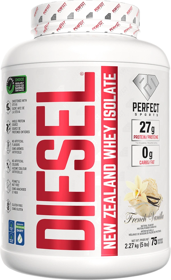 PERFECT Sports DIESEL New Zealand Whey Protein Isolate French Vanilla 5lb tub – 27g protein, zero carbs, grass-fed, gluten-free